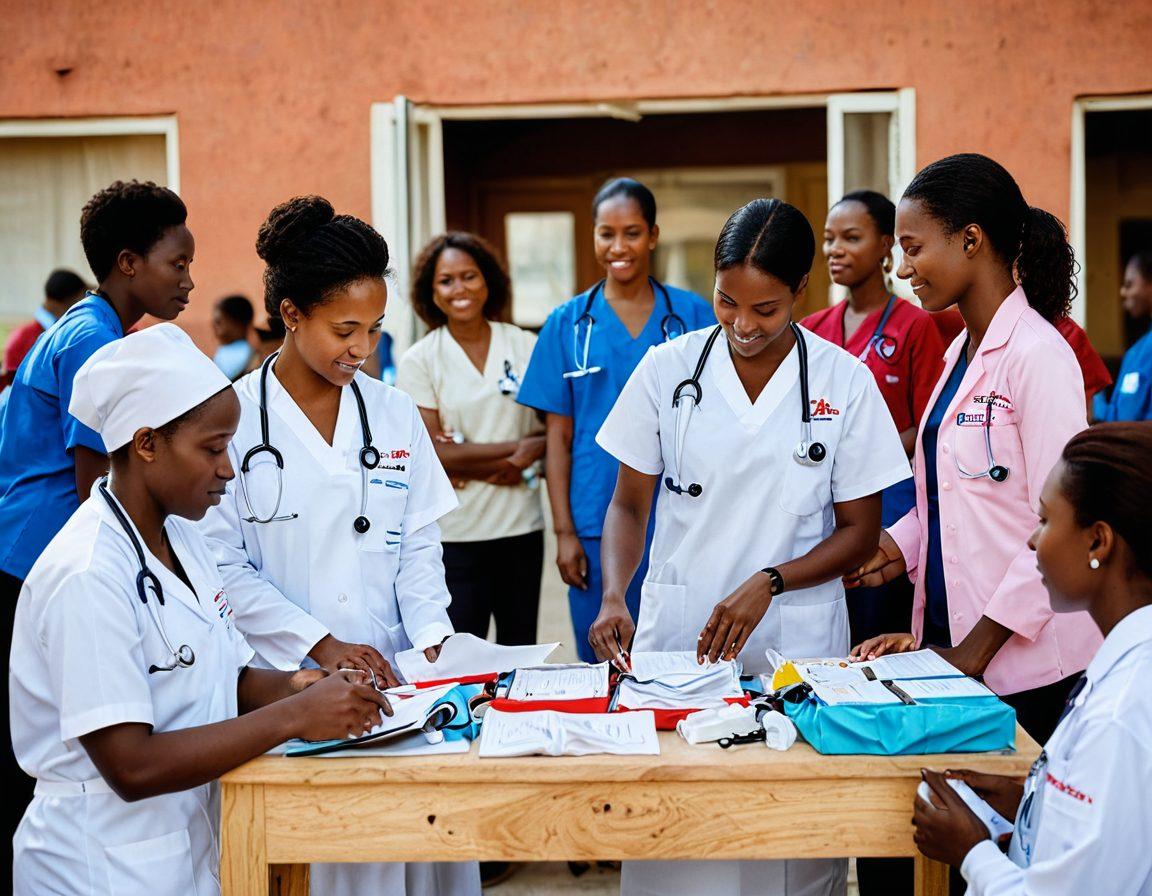 A diverse group of healthcare professionals from Médecins Sans Frontières providing medical assistance in a vibrant community setting, showcasing compassion and collaboration. Include humanitarian symbols like stethoscopes, medical kits, and people of various ethnicities and ages receiving care. Emphasize themes of unity, hope, and philanthropy through warm colors and dynamic interactions. super-realistic. vibrant colors. 3D.
