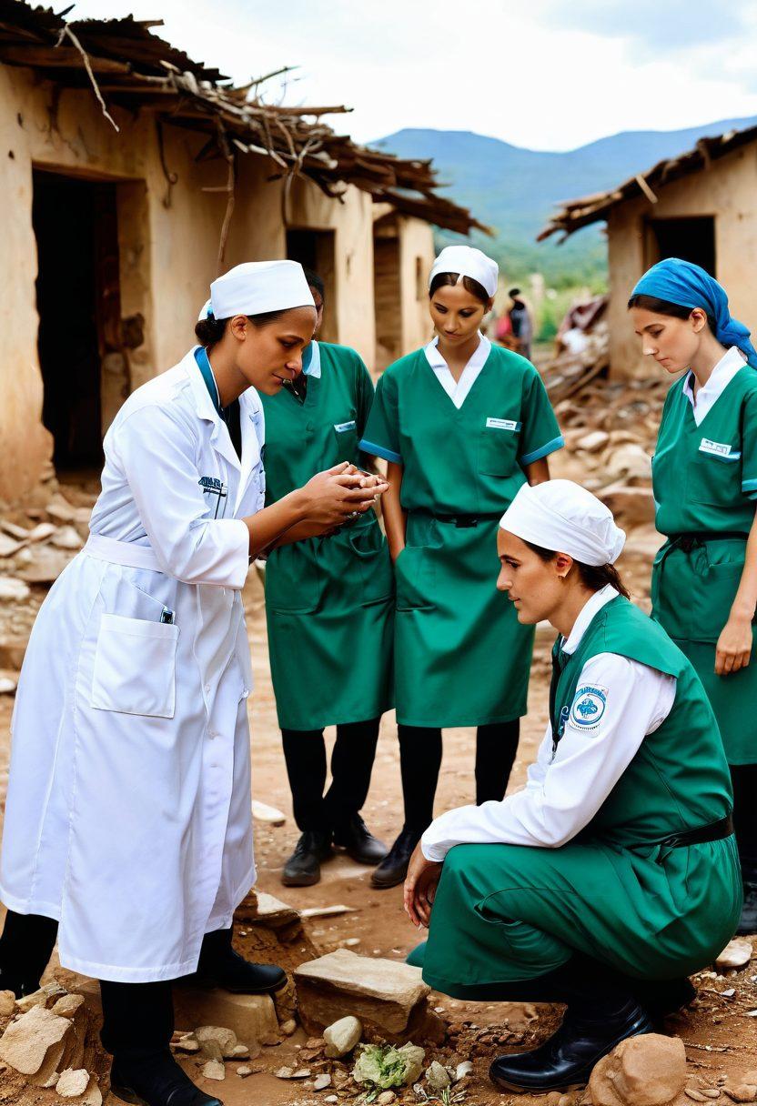 A compassionate scene depicting a Médecins Sans Frontières team providing medical assistance in a war-torn village, with healthcare professionals treating patients, surrounded by hopeful faces of the community. The background shows a blend of nature recovering amidst the ruins, symbolizing healing and resilience. Soft, warm lighting conveys a sense of hope and humanity. super-realistic. vibrant colors. 3D.