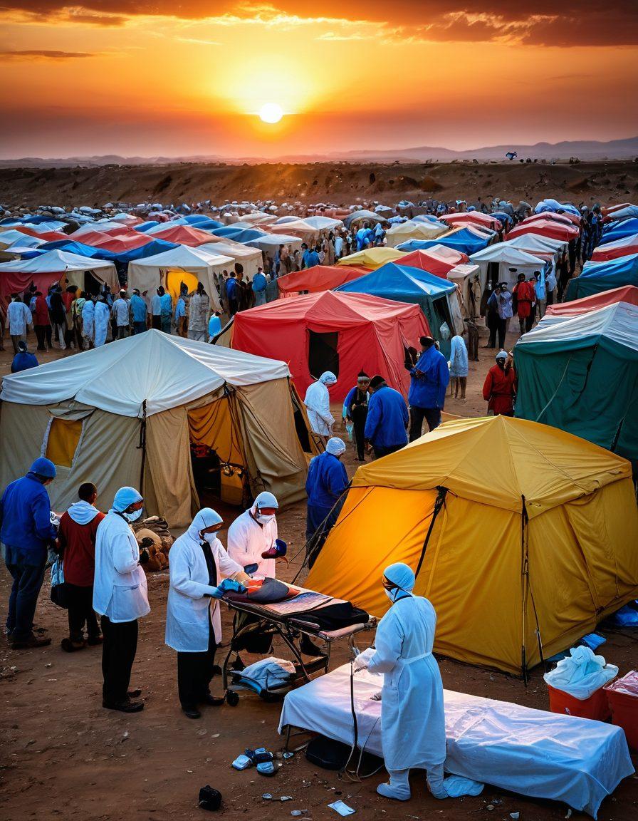 A dynamic scene depicting a diverse group of healthcare professionals in action, providing medical assistance in a war-torn environment. Include a makeshift medical tent with volunteers treating injured civilians, expressions of urgency and compassion on their faces. Brightly colored medical supplies scattered around, contrasting with the desolate background. Show a sunset in the distance, symbolizing hope amidst chaos. super-realistic. vibrant colors. dramatic lighting.